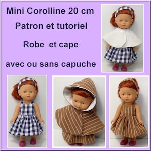 Könnte beinhalten: Ein Schnittmuster und eine Anleitung zum Nähen eines Kleides und einer Kapuze für eine 20 cm Puppe. Das Schnittmuster enthält Anweisungen zum Nähen eines Kleides mit oder ohne Kapuze. Das Bild zeigt drei Puppen, die verschiedene Variationen des Kleides und der Kapuze tragen.