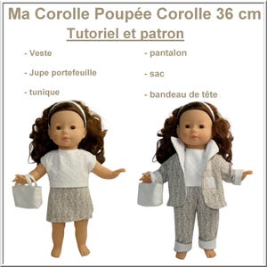 Peut inclure: Deux poupées aux cheveux bruns avec des bandeaux blancs, l'une portant un haut blanc et une jupe beige à motifs avec un petit sac, l'autre un haut blanc, un pantalon beige à motifs et une veste. Texte : Ma Corolle Poupée Corolle 36 cm.