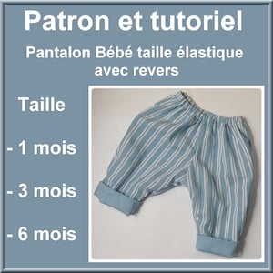 Puede incluir: Un patrón y tutorial para coser pantalones de bebé con cintura elástica y vuelta. El patrón incluye las tallas 1, 3 y 6 meses. Los pantalones son de rayas azules y blancas.