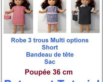 Poupée 36 cm,  patron et tutoriel robe 3 trous multi option, short, bandeau de tête, sac pour poupée 36 cm, DIY couture pour poupée 36 cm