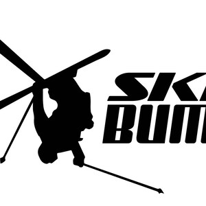 May include: Black and white silhouette of a skier doing a backflip with the text "SKI BUM" in bold, black letters.