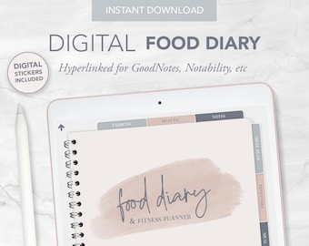 May include: A digital food diary and fitness planner template for GoodNotes and Notability apps. The template features a pink and white watercolor background with the text "food diary & fitness planner" in gray script. The template is divided into sections for meal planning, inventory, meal ideas, recipes, and food diary.