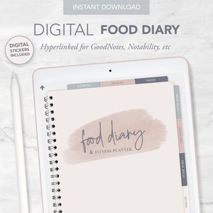 DIGITAL Food Diary & Fitness Planner for GoodNotes, Notability  |  Hyperlinked Pages  |  Digital Stickers  |  PDF File  |  Vertical Planner