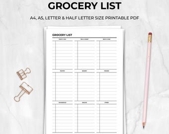 Grocery List Printable | Meal Planning Shopping List | Digital Planner Insert | Instant Download | A4, A5 US Letter & Half Letter Sizes