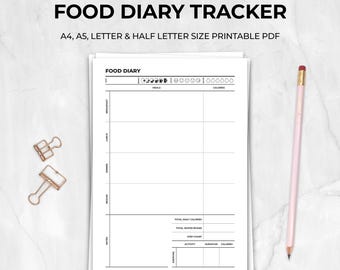 Food Diary Tracker Printable | Daily Meal Log | Nutrition and Health Planner | Instant Download | A4, A5 US Letter & Half Letter Sizes