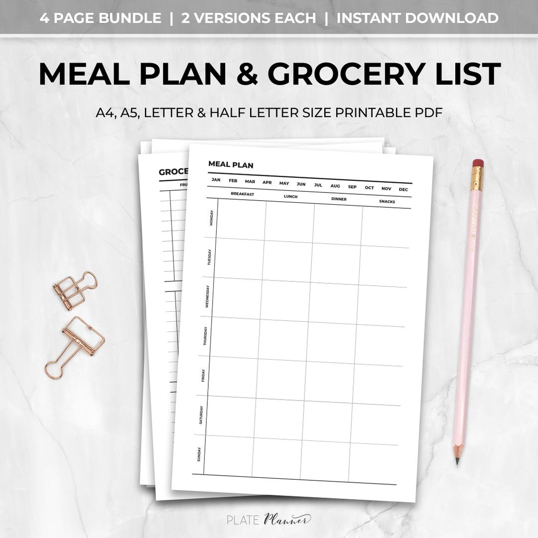 Weekly Meal Planner and Grocery List Printable Bundle | Digital Food ...