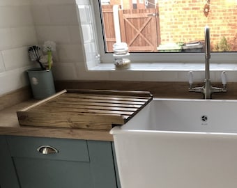 Raised Solid Pine draining board for a belfast/butler sink that is raised above the worktop