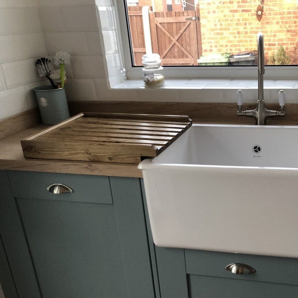 Raised Solid Pine draining board for a belfast/butler sink that is raised above the worktop