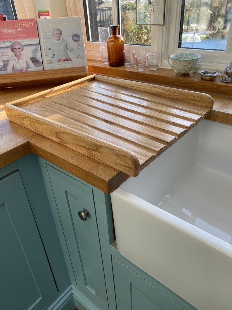 Large Sloping Solid Oak draining board for Belfast sink for Quality all Our Oak boards screwed and glued with oak dowels to cover not Nailed image 2