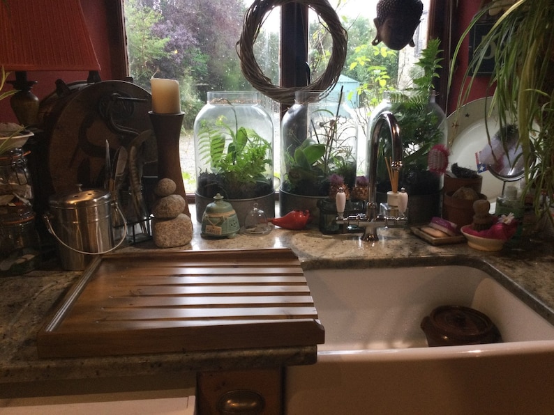 May include: A kitchen sink with a wooden cutting board and a variety of plants in glass jars. The sink is white and has a chrome faucet. The cutting board is brown and has a grooved surface. The plants are green and leafy.