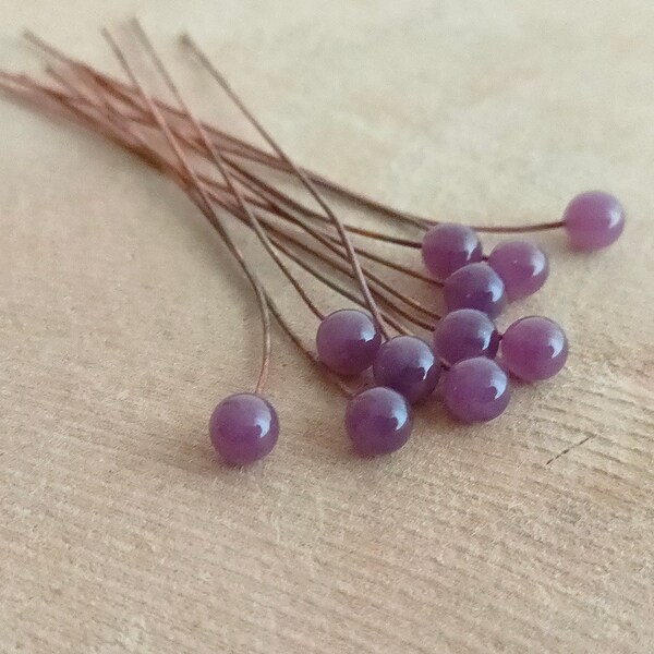 10 boules 3 mm , lampwork headpins copper , plum