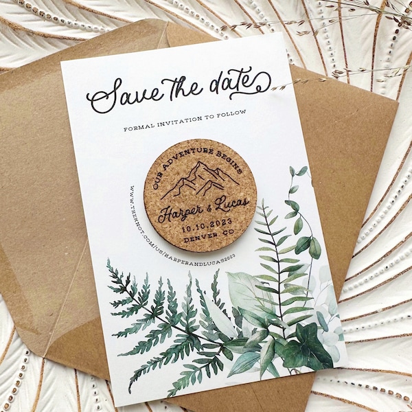 Mountain Cork Save the Date Magnets: Personalized Laser Engraved Wedding Invitation and Favors with Forest Themed Card