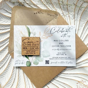 Save the Date Magnets with Greenery and Gold accents Cards - Personalized Cork Wedding Invitations