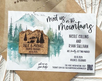 Meet us in the Mountains Save the Date Magnets: Personalized Cork Laser Engraved Forest Wedding Invitation and Favors with Forest Card
