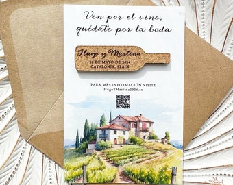 Imanes para guardar la fecha con corcho para botella de vino: invitación personalizada de boda en viñedo grabada con láser y recuerdos con tarjeta de bodega española