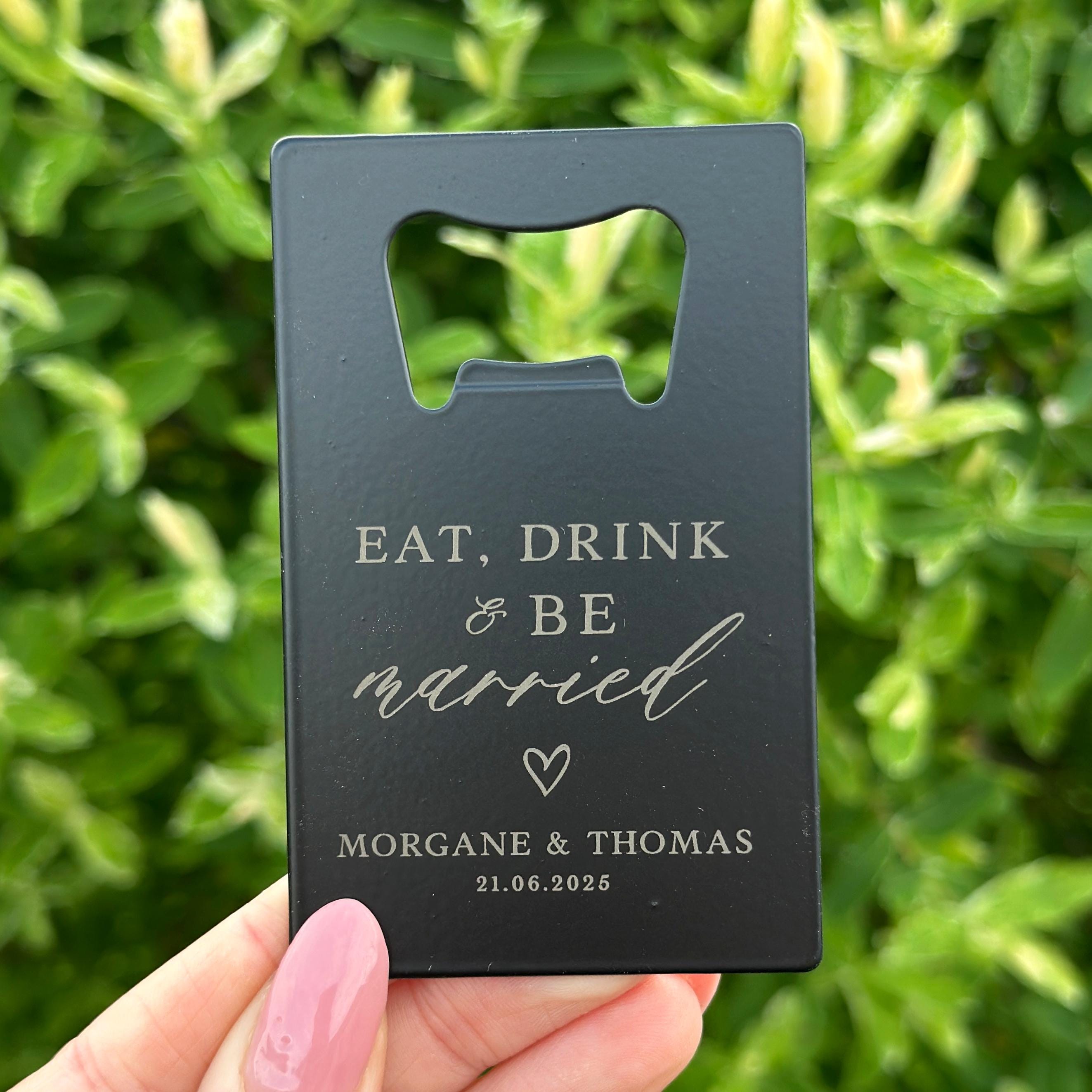 Personalized Bottle Opener Wedding Favor - Steel Credit Card size Bottle Opener in Three Color: Black, Silver and White
