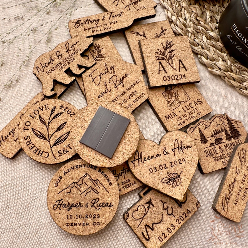 Greenery Cork Save the Date Magnet with Card, Modern Wedding Invitation, Vineyard Wedding Favor, Personalized Engraved Magnet image 3