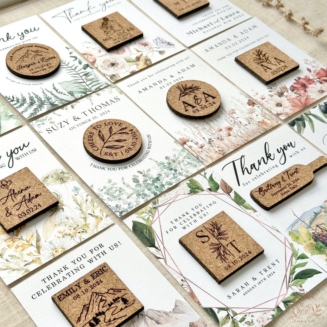 Personalized Bulk Wedding Favors With Card, Cork Magnet With Thank You ...