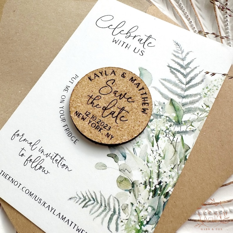 Greenery Cork Save the Date Magnet with Card, Modern Wedding Invitation, Vineyard Wedding Favor, Personalized Engraved Magnet image 2