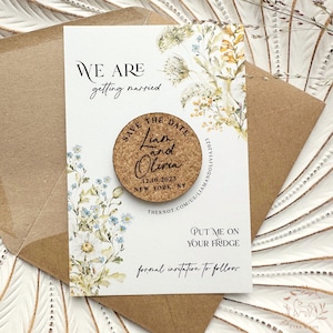 Wildflower Cork Save the Date Magnets: Personalized Laser Engraved Wedding Invitation and Favors with Floral Themed Card