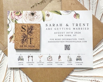 Save the Date Magnets with Printed Timeline Card - Personalized Cork Wedding Invitations with Flowers