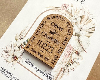 Boho Save the Date Magnets with Cards - Personalized Engraved Cork  - Arched Wedding Invitations