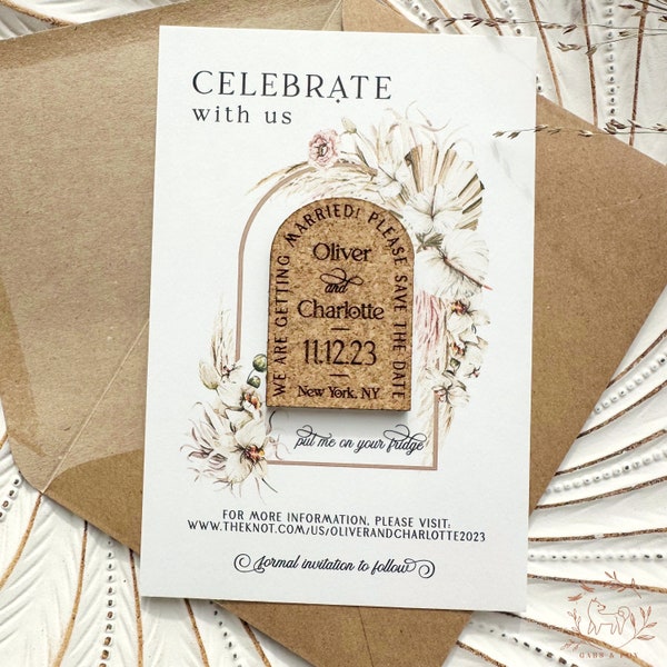 Boho Cork Save the Date Magnets: Personalized Laser Engraved Wedding Invitation and Arched Favors with Orchid Card