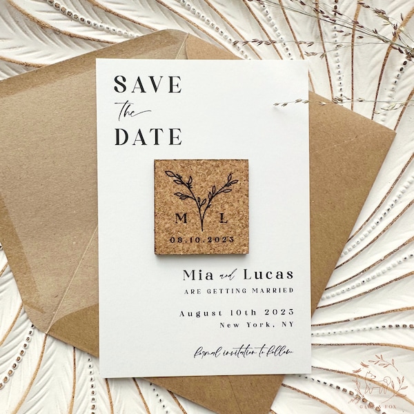 Minimalist Cork Save the Date Magnets: Personalized Laser Engraved Wedding Invitation and Favors with Modern Card