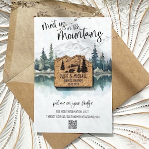 Forest Cork Save the Date Magnets: Personalized Laser Engraved Forest Wedding Invitation and Favors with Mountain and Pine trees