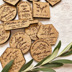 Greenery Cork Save the Date Magnet with Card, Modern Wedding Invitation, Vineyard Wedding Favor, Personalized Engraved Magnet image 6