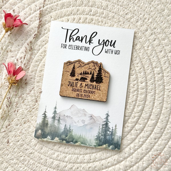Personalized Bulk Wedding Favors with Mountain and Pine Tree Card, Mountain with Bears Cork Magnet with Thank You Tag, Gift for any Occasion