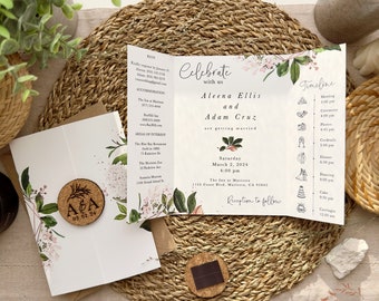 Rose gold Greenery Wedding Invitation with Personalized Cork Magnet - Announce your special day in style