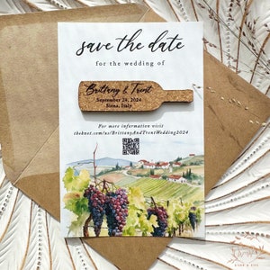 Personalized Save the Date Magnets: Wine Bottle Shape Laser Engraved Wedding Invitation and Favors with Winery Themed Card