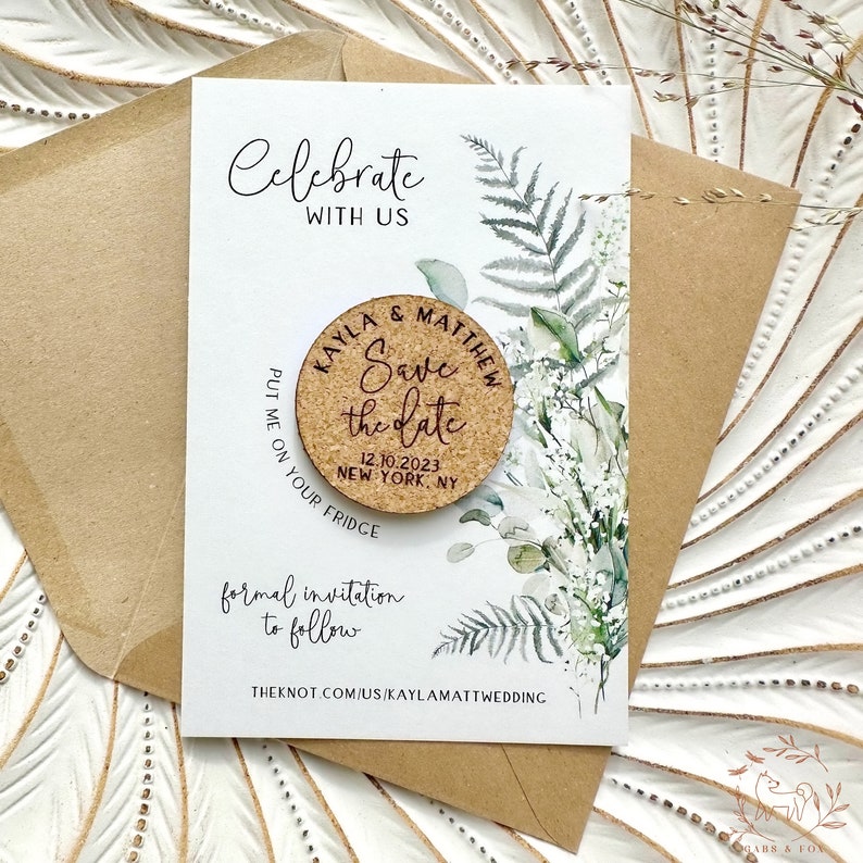 Greenery Cork Save the Date Magnet with Card, Modern Wedding Invitation, Vineyard Wedding Favor, Personalized Engraved Magnet image 1