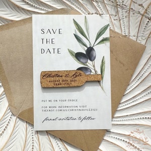 Wine Bottle Cork Save the Date Magnet with Card, Olive Wedding Invitation, Vineyard Wedding Favor, Personalized Engraved Magnet