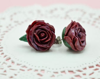 Roses Flowers red flowers dark red black magic noble rose stud earrings