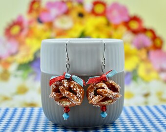 Pretzel earrings //Oktoberfest jewelry// Bavarian pretzels// with or without Swarovski beads and ribbon// miniature jewelry// dirndel jewelry