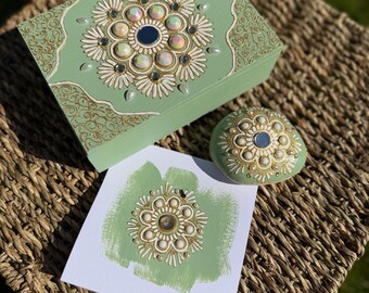 Hand painted wooden keepsake box with matching card and stone. Mandala art, perfect for gifting.