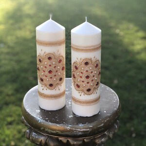 Large Candle Pair - Elegant Mandala / Henna design with Acrylic paint - Great gift