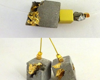 NEU - Halskette-Ohrring-Set aus Beton und Gold, modernes Schmuckstück „P'tits Precious Pavés...“