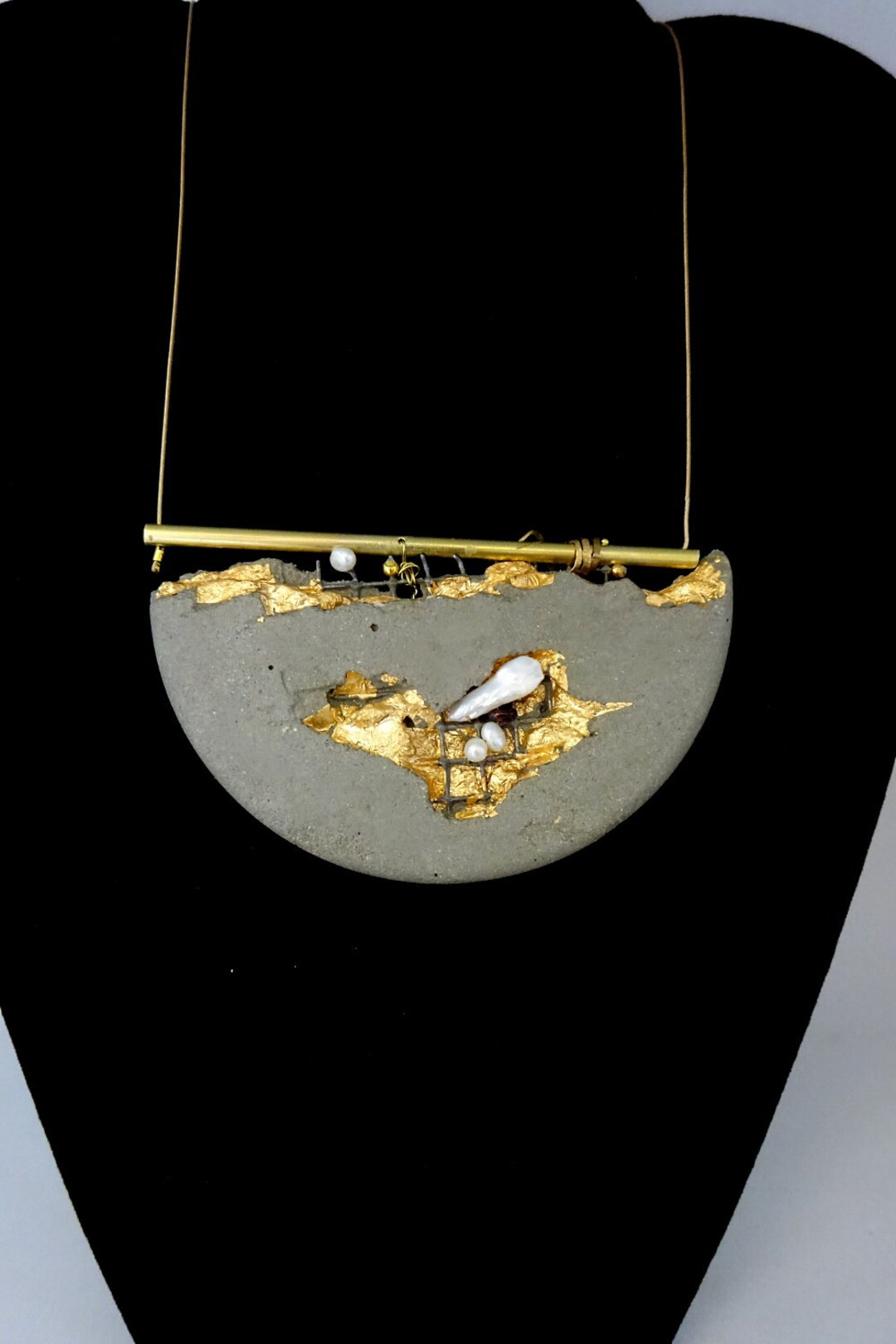 Concrete and Gold Pendant Necklace, Contemporary Jewel precious Balance