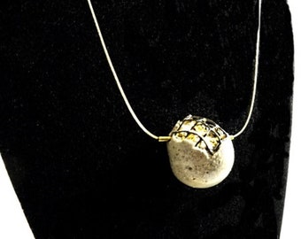 Pendant necklace with concrete and gold pearl, contemporary jewel "Golden Secret...."