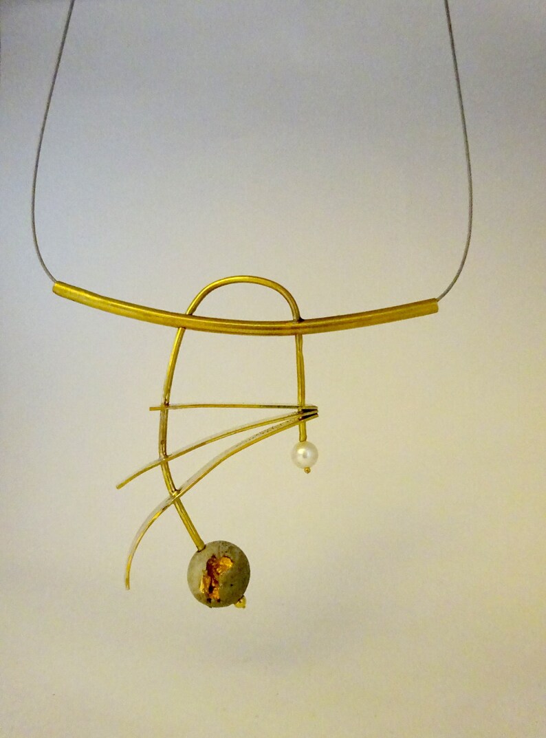 Necklace With Concrete and Gold Pendant, Contemporary Jewelry, flights