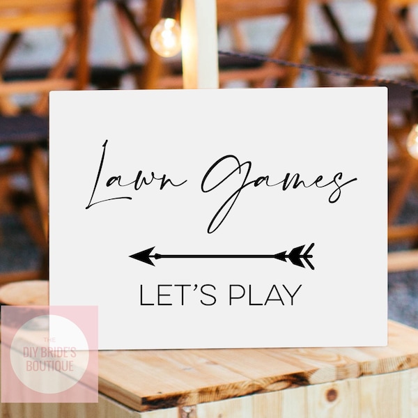 Printable 'Lawn Games Let's Play' Sign Minimalist Left // Digital PDF Download PNG/SVG Cutting File Wedding Games Sign