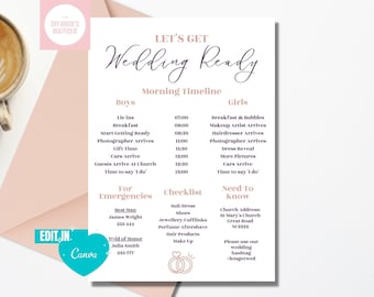 Op de afbeelding: Een afdrukbare checklist voor de trouwdag met een roze en blauwe kleurstelling. De checklist bevat een ochtendtijdlijn voor zowel de bruid als de bruidegom, met tijden voor het klaar maken, de aankomst van de fotograaf, en meer. Het bevat ook een checklist van items om mee te nemen en een sectie voor belangrijke informatie zoals het adres van de kerk.