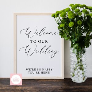 Welcome to our Wedding, We&#39;re So Happy You&#39;re Here Elegant Wedding Signage // Digital PDF Download PNG/SVG Cutting File