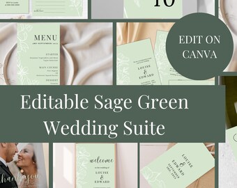 Sage Green Wedding Suite Bundle // Edit On Canva 15 Designs // Wedding Invitation, Stationery And Signs // Light Green Minimal Floral