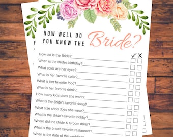 How well do you know the Bride | Bridal Shower Games | Bridal Shower Games Printable | Questionnaire  | Who knows the bride best game