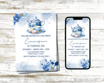 Blue Floral Tea Party Birthday Invitation (Editable Template)