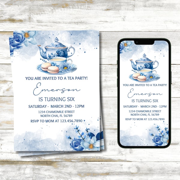 Editable Tea Party Birthday Invitation, Blue Floral Par-Tea Party Invite, Whimsical Tea Party Birthday, Editable Template, Mobile Invite